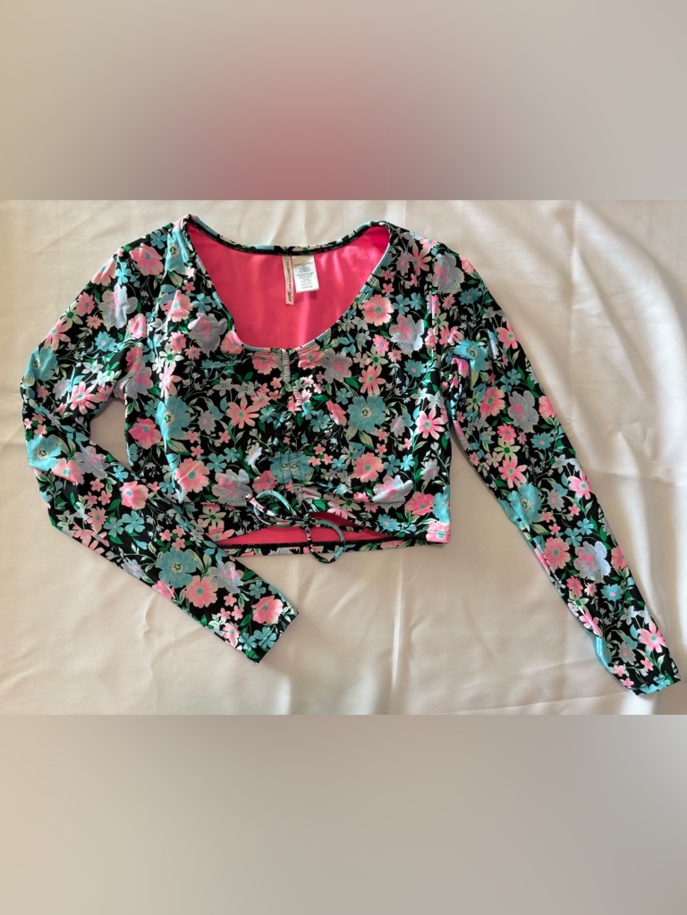 Celebrity Pink Floral Long Sleeve Crop Swim Top in Black, Pink & Teal